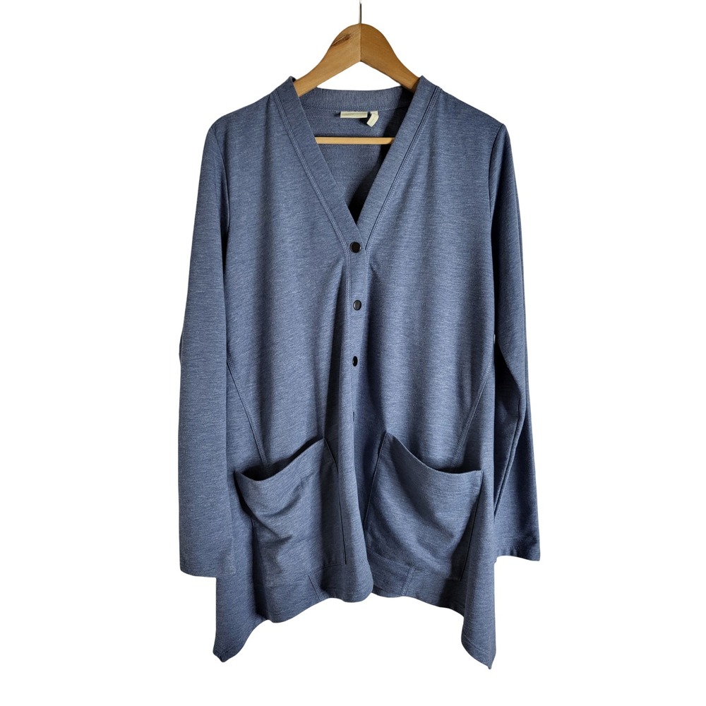 Lori Goldstein LOGO Blue Heathered Button Front Pocket Cardigan Sharkbite Hem M